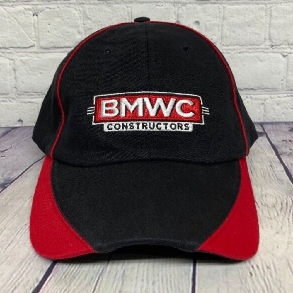 Construction Hat Cap Strap Back Black Red BMWC Constructors Embroidered Logo